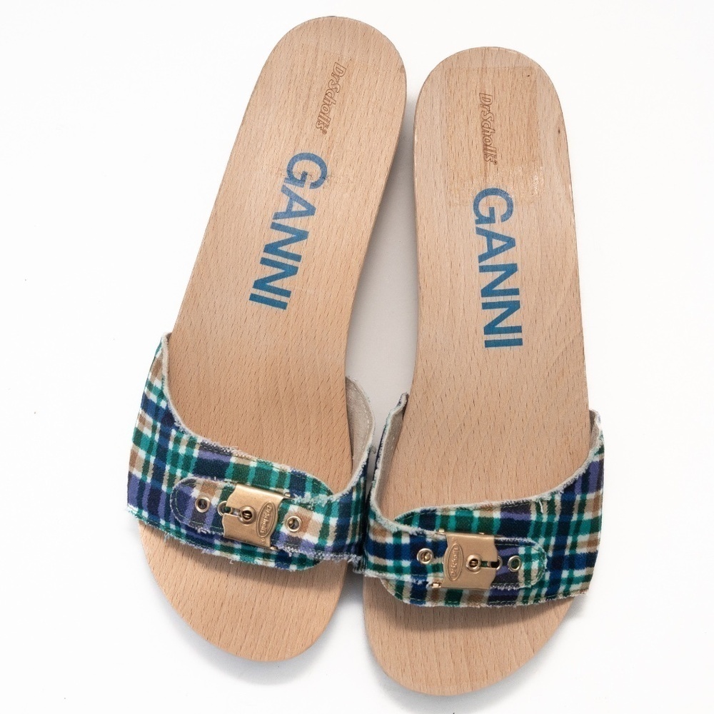 Ganni X Scholl. Wooden Clogs in Check Blue Iris. - Picture 3 of 11